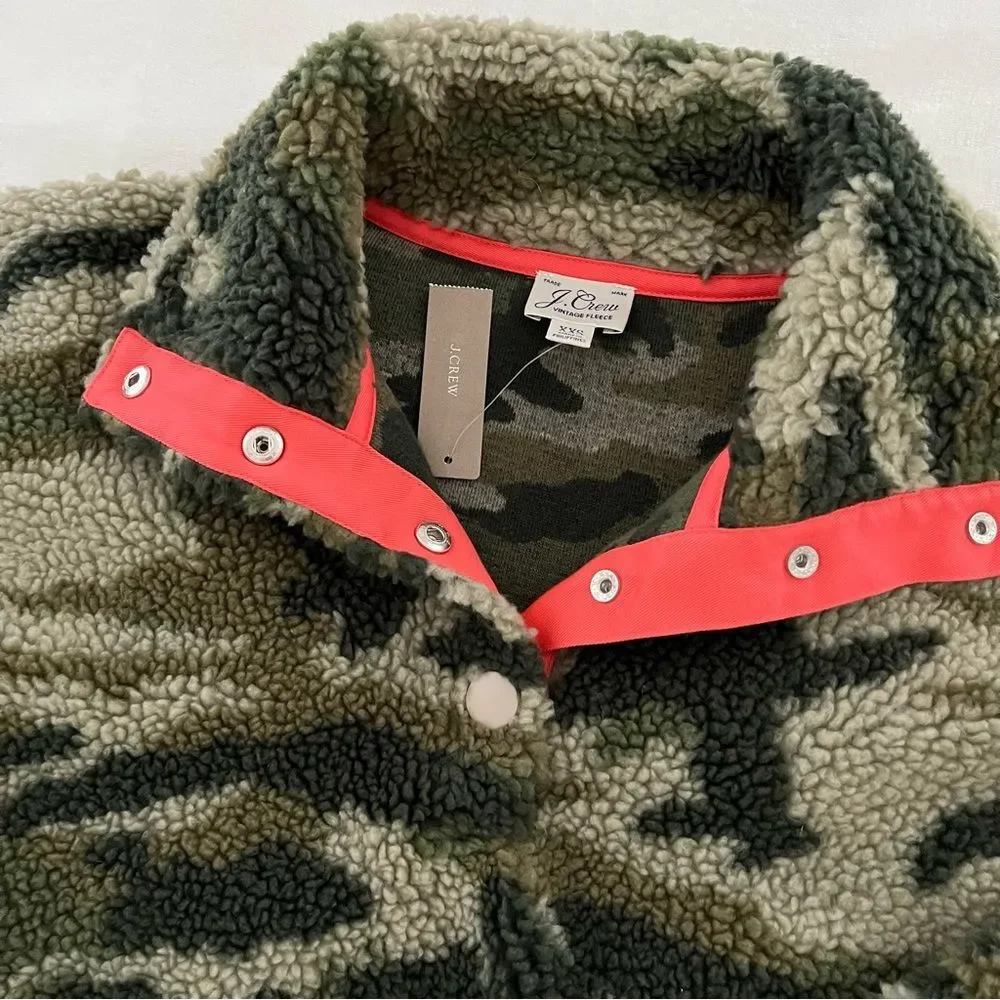 NWT J. Crew Camo Snap-Collar Sherpa Pullover Fleece Sweatshirt, Size XXS